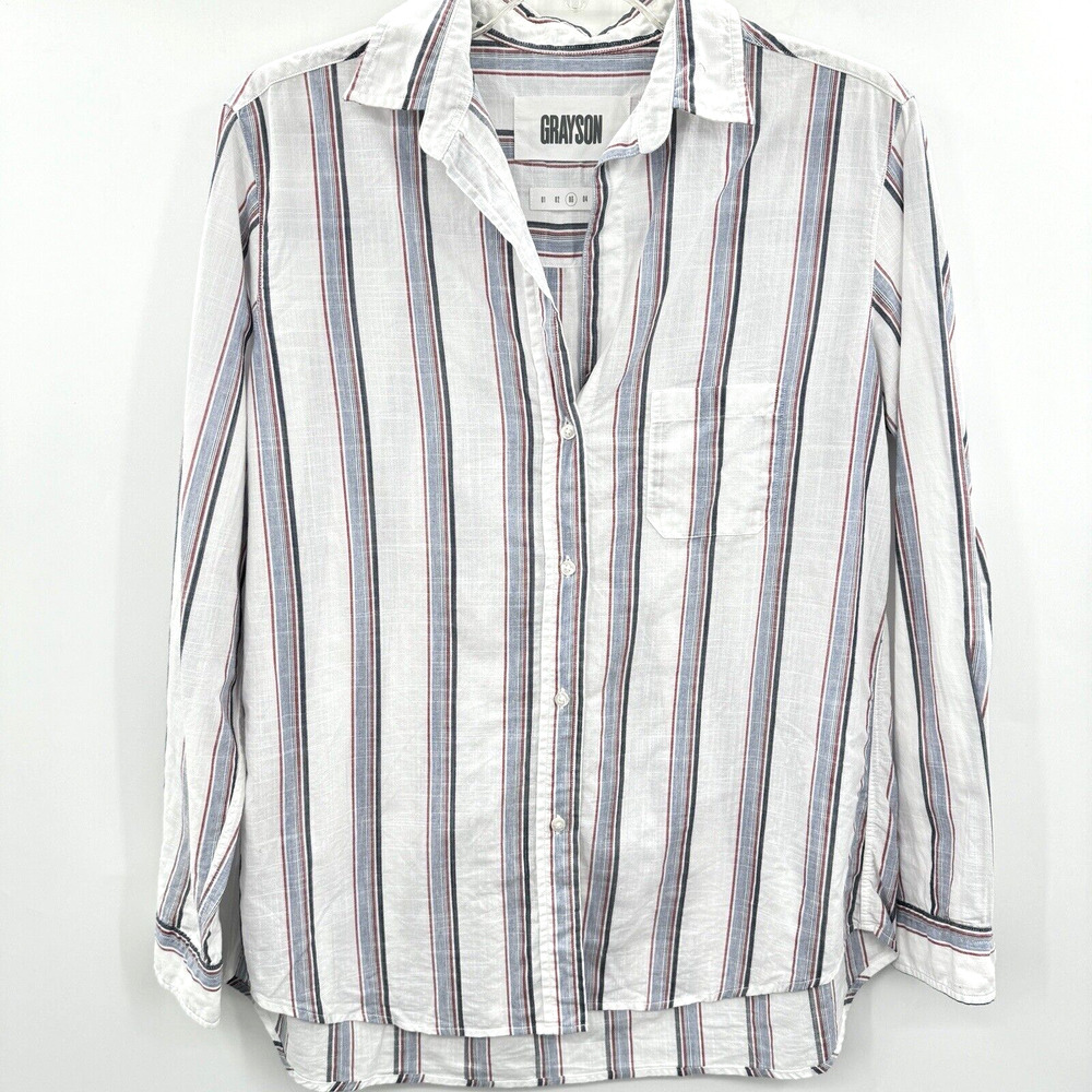 Grayson The Hero 100% Cotton Button Up Shirt Size 03 (M) White Stripe Relaxed